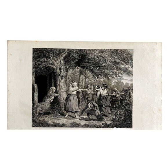 Children Playing On Farm Steel Engraving 1859 Victorian Blindfolded Art DWY5F - Picture 2 of 2